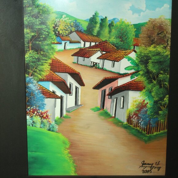 Rustic 21" x 27" Frame & Original Spanish Village Painting Artwork by Jeremy U. - Picture 2 of 8